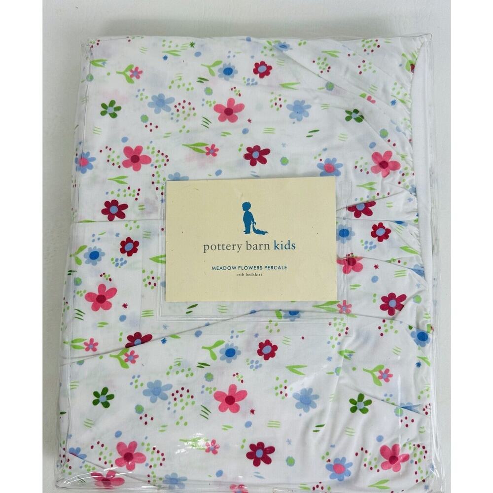 Pottery Barn Kids Meadow Flowers Percale Bed Skirt White Floral Baby Nursery New